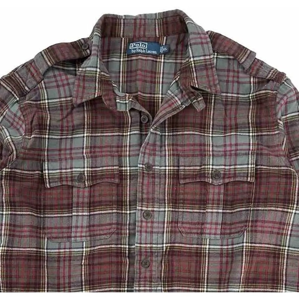 VTG Polo Ralph Lauren Mens Flannel Shirt XL Scotch‎ Plaid Epaulet Military Y2K